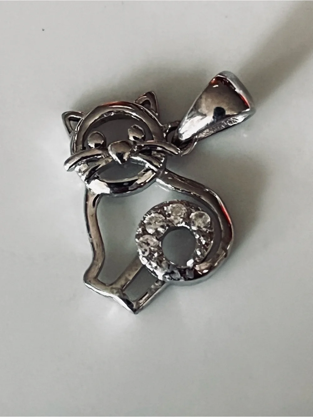 Sterling Silver 925 Cat Pendant with Crystal Tail - Silver